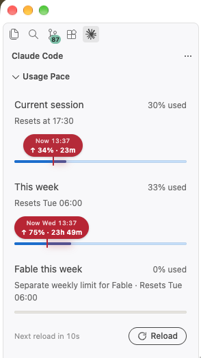 The Usage Pace view in the Claude Code sidebar: one bar per limit, each with a marker and a label such as ↑ 34% · 23m